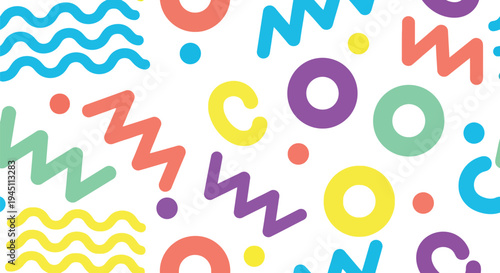 Colorful geometric vector pattern with abstract shapes and playful Memphis style design