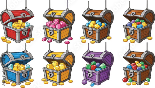 Treasure chests with gold coins and gems fantasy game loot boxes vector illustration set