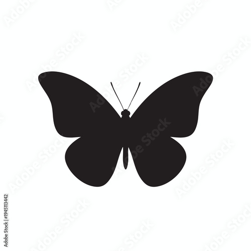 A minimalist black butterfly silhouette against a stark white background