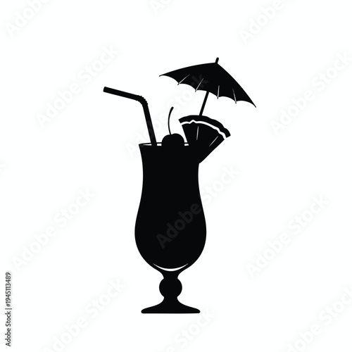 Silhouette of a hurricane glass cocktail with straw, cherry, pineapple, and umbrella