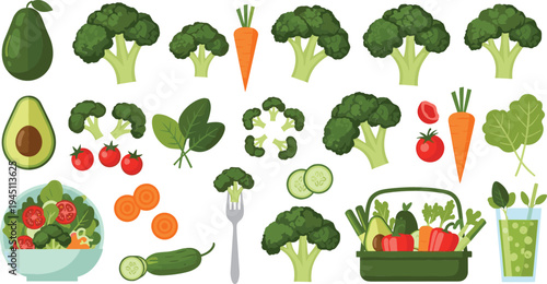 Fresh Healthy Vegetables and Salad Ingredients Collection with Broccoli, Carrot, Avocado, Tomato, Cucumber, Spinach and Organic Food Vector Illustration Set