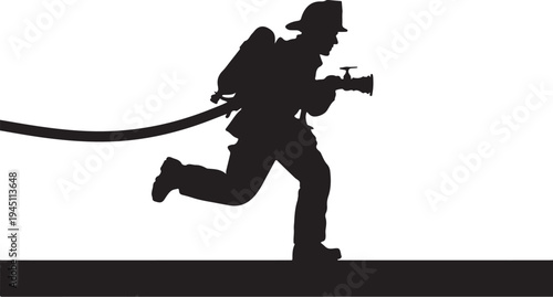 Black silhouette of fireman running with hose firefighter