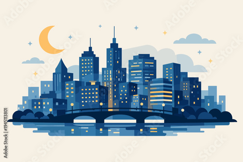 Modern city skyline at night flat vector illustration featuring skyscrapers with glowing windows, a bridge over a river with reflections, a crescent moon, and stars on a light background.