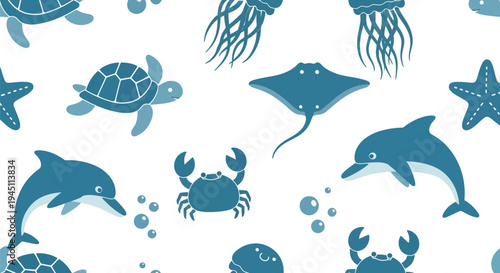 Sea Animals Vector Pattern with Dolphin, Turtle, Crab, Jellyfish, and Starfish Illustration