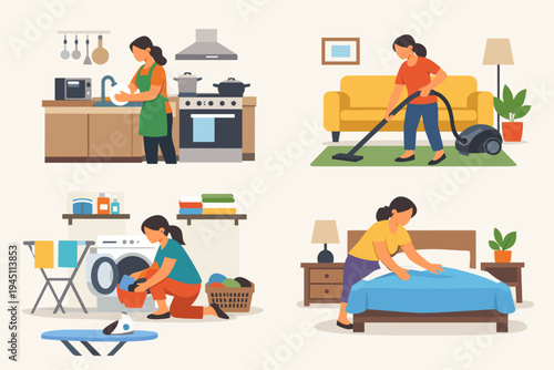 Set of Flat Vector Illustrations of a Woman Performing Domestic Chores and Housekeeping Tasks: Washing Dishes in Kitchen, Vacuuming Living Room, Doing Laundry, and Making Bed in Bedroom Scene