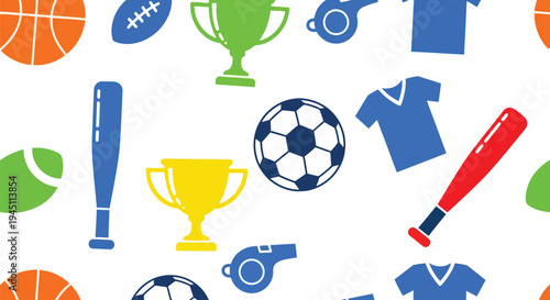 Seamless Sports Equipment Vector Pattern with Balls, Trophies, and Jerseys