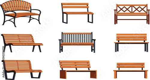 Wooden park benches collection outdoor garden seating furniture vector illustration set