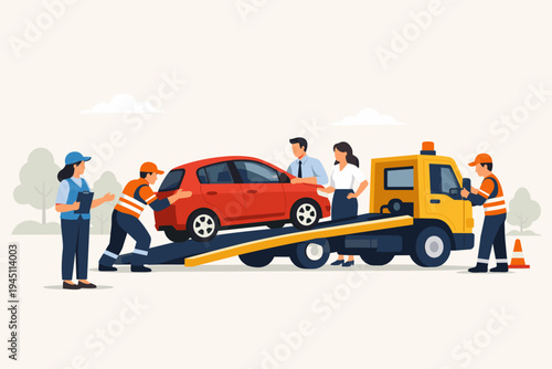 Roadside Assistance Team and Insurance Agents Loading a Broken Red Car onto a Yellow Tow Truck for Repair, Flat Vector Illustration of Car Breakdown Service and Vehicle Recovery Scene.