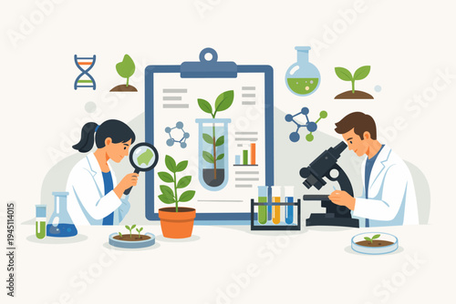 Scientists conducting botanical research and plant biology experiments in a laboratory using a microscope and magnifying glass, flat vector illustration for science, education and biotechnology.