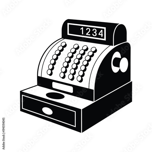 Vintage cash register illustration in black and white displaying a numeric code