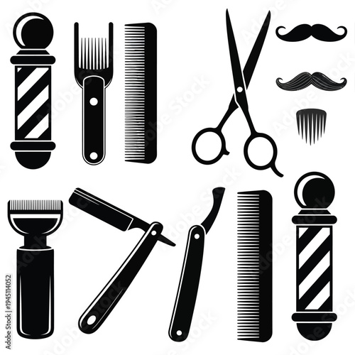 Classic barber tools presented in a black and white illustrative style