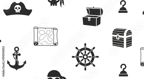 Pirate Icons Seamless Vector Pattern with Treasure Map, Chest, Anchor, and Helm in Black and White