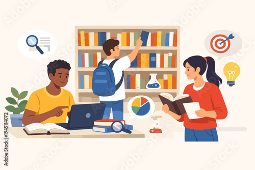 Diverse students conducting research in a library with bookshelves, using laptops and books. Flat vector illustration of young people studying, learning, and gathering data for academic success.
