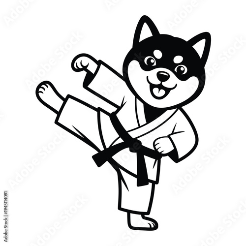 A cartoon shiba inu dog performs a high kick while wearing a karate gi