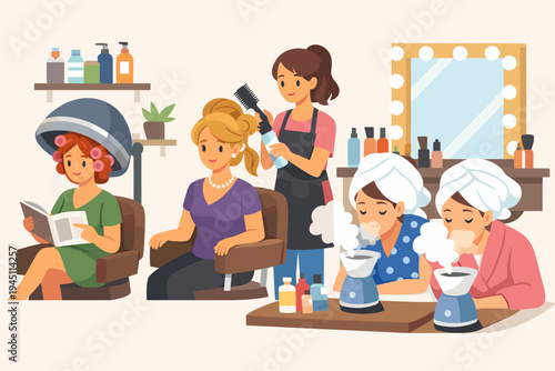 Women relaxing in a beauty salon and spa flat vector illustration. Features a hairdresser styling hair, a woman under a hair dryer reading, and others using facial steamers for skin care.