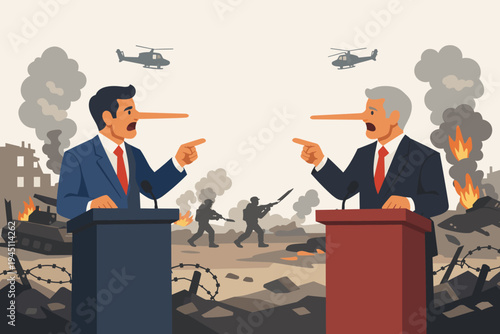 Two Lying Politicians with Long Noses Having a Debate at Podiums on a Background of a War Battlefield with Soldiers, Tanks, and Helicopters; Concept of Political Propaganda, Lies, and Conflict