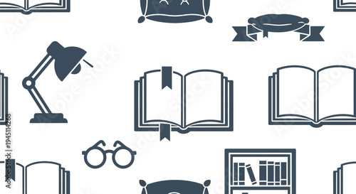 Seamless Education Vector Pattern with Books, Lamps, Glasses, and Library Icons