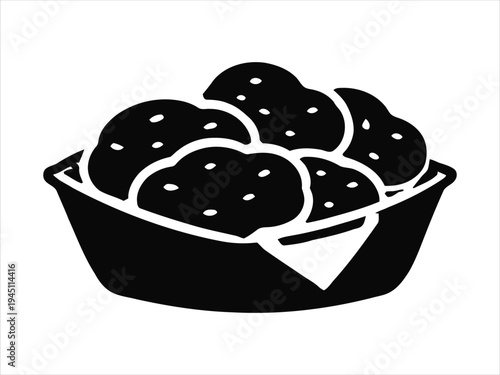 Monochrome graphic of savory fried snack pieces served in a basket for quick meal