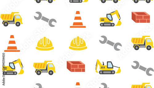 Construction Equipment Vector Pattern with Trucks, Helmets, Bricks, and Cones Seamless Design