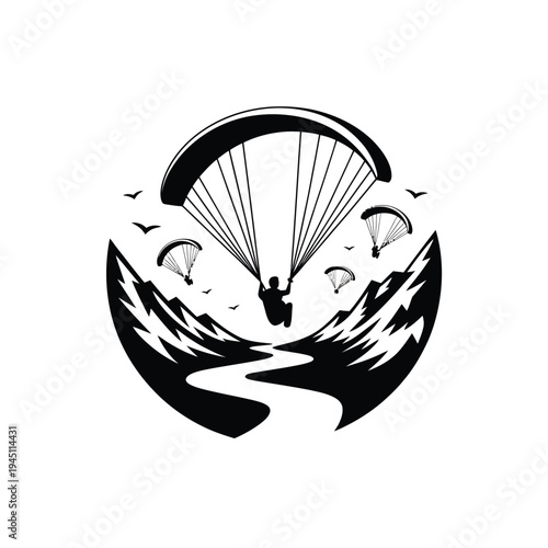 Black and white illustration of a paraglider soaring above mountains
