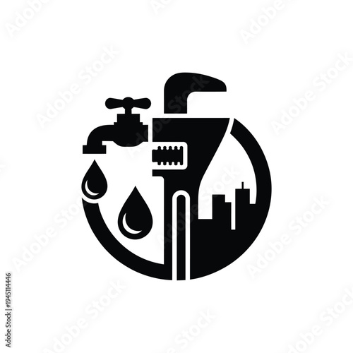 Black silhouette of a water tap with dripping water inside a circle