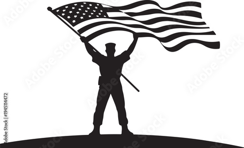 Black silhouette of man holding American flag patriotism