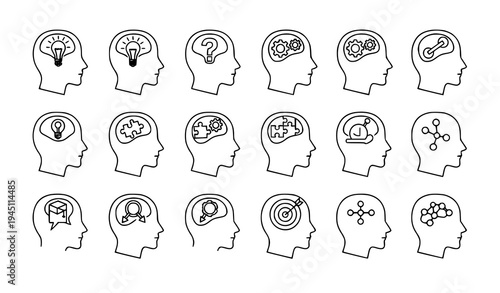 Thinking head icons creativity idea brain concept vector illustration set