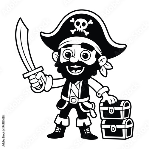 Cartoon pirate character holding a sword and guarding treasure chests
