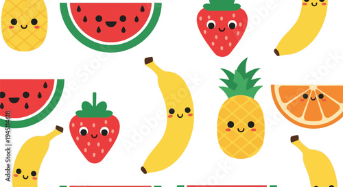 Cute Fruit Vector Pattern with Watermelon, Banana, Pineapple, Strawberry, and Orange