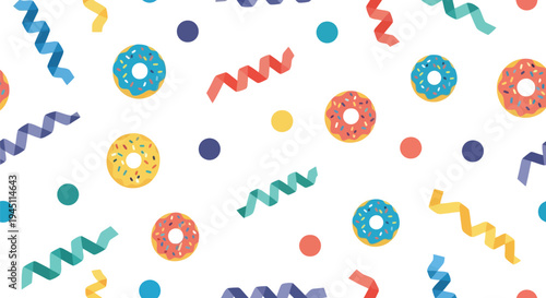 Colorful Donut and Confetti Vector Pattern for Party, Celebration, Kids, Seamless Background
