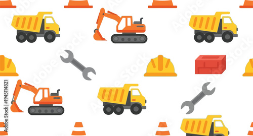 Construction Vehicles Vector Pattern with Excavators, Dump Trucks, Helmets and Tools