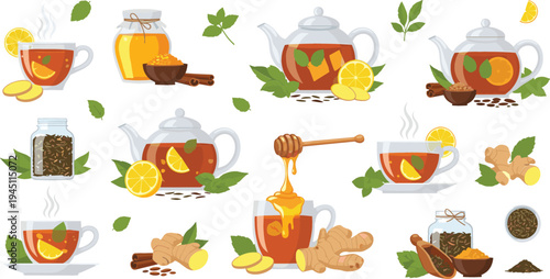 Herbal Lemon Ginger Tea Preparation Collection with Teapot, Honey, Fresh Mint Leaves, Spices and Hot Tea Cups Healthy Drink Vector Illustration Set
