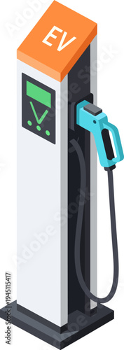 Isometric illustration of a modern electric vehicle charging station with a blue connector and EV sign on an orange top.
