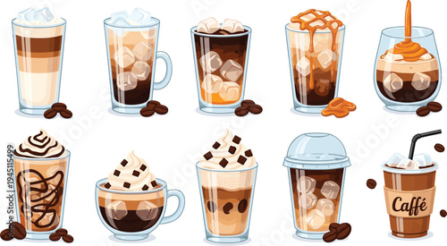 Iced Coffee and Latte Drink Icon Set Featuring Caramel Macchiato, Mocha, Cold Brew, Espresso and Creamy Coffee Beverages for Cafe Menu Design