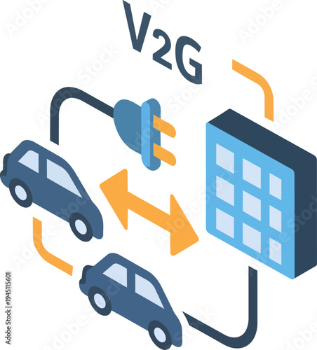 Isometric illustration of Vehicle-to-Grid (V2G) technology showing electric cars connected to the power grid with bidirectional energy flow.