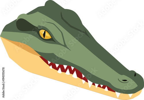 Close-up illustration of an alligator or crocodile head with sharp teeth and yellow eyes, depicting a fierce and powerful predator.