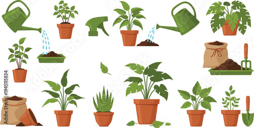 Indoor Plant Care and Gardening Activity Vector Set with Watering Can, Potted Houseplants, Soil Bags, and Garden Tools for Home Plant Growing