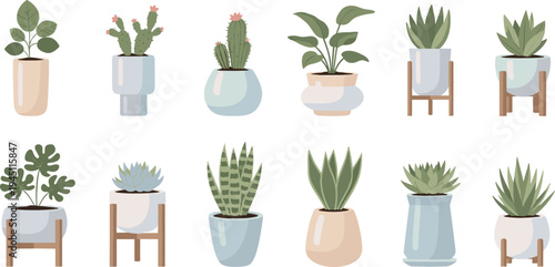 Indoor Potted Houseplant Collection Vector Illustration with Modern Decorative Plants, Succulents, and Cactus in Stylish Pots for Home Decor and Botanical Design