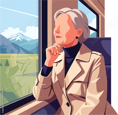 An older woman with grey hair, wearing a beige trench coat, gazes thoughtfully out of a train window at a scenic landscape with mountains and green fields.