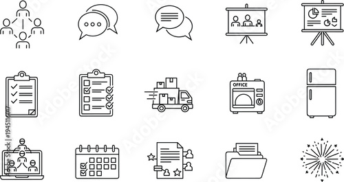 Logistics Delivery and Warehouse Outline Icon Set with Truck Shipping Packages Inventory Storage Shopping Cart Location and Supply Chain Symbols