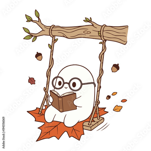 Ghost on Leaf Swing Design, Fall Ghost Reading Clipart, Cute Bookish Ghost Illustration, Cozy Autumn Ghost Design, Halloween Book Lover Ghost