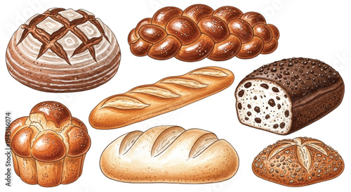 Watercolor Bread Collection Artisan Bakery Loaves Baguette Brioche Hand Drawn Set