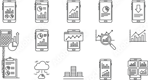 Mobile Analytics and Business Statistics Outline Icon Set with Smartphone Charts Graph Dashboard Report Finance Data Analysis Symbols