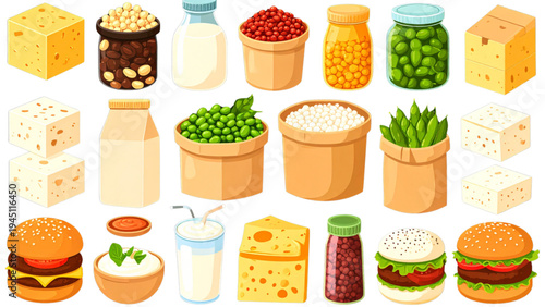 Soy Based Food Collection – Tofu Soy Milk Edamame and Veggie Burger Vector Set