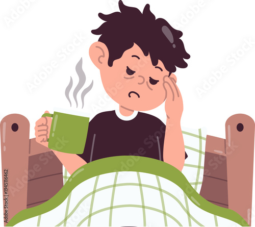 Kartun Pria Minum Kopi sambil Mata Masih Ngantuk