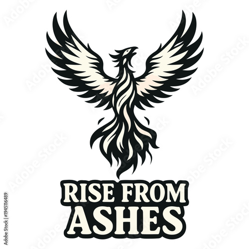 Majestic stylized phoenix bird illustration with wings spread wide and intricate feather details rising powerfully in artistic design