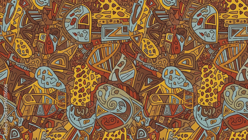 Vibrant African inspired pattern with giraffes and abstract shapes in yellow, brown, and blue hues.