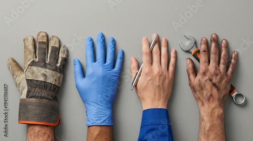 Different professional hands with work gloves and medical tools in minimalist composition representing World Labor Day workforce diversity concept