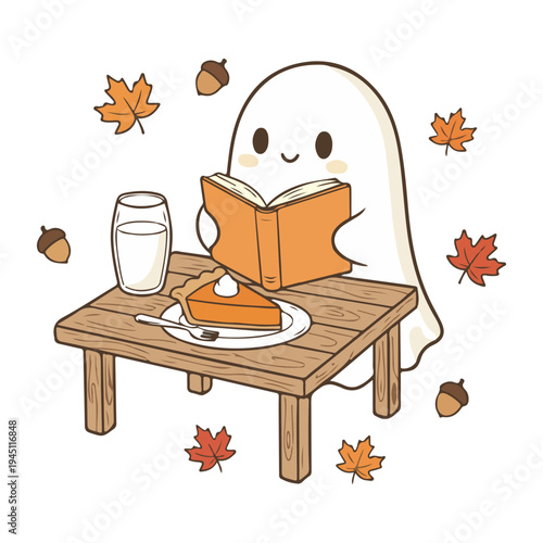 Ghost with Book and Pie Design, Fall Ghost Reading Clipart, Cute Bookish Ghost Illustration, Cozy Autumn Ghost Design, Halloween Book Lover Ghost