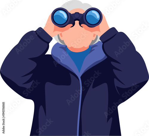 Elderly person with grey hair wearing a blue jacket and looking through binoculars, engaged in observation or a hobby.